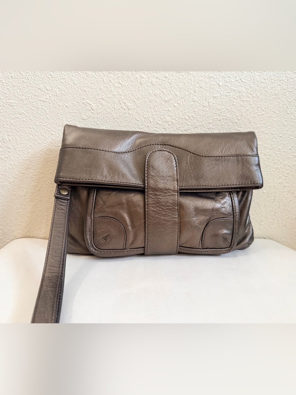 LATICO Soft Leather Wristlet Clutch Taupe Brown Foldover Magnetic Snap Floral
